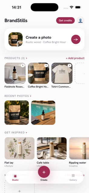 The BrandStills home screen with saved products and scene ideas