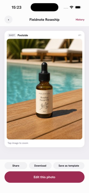 A finished poolside render of a facial oil in the app