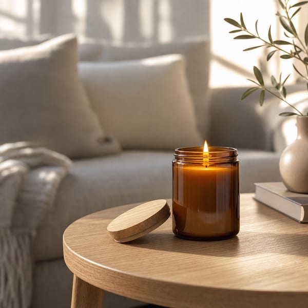 The same candle rendered in a sunlit living room on a wooden coffee table