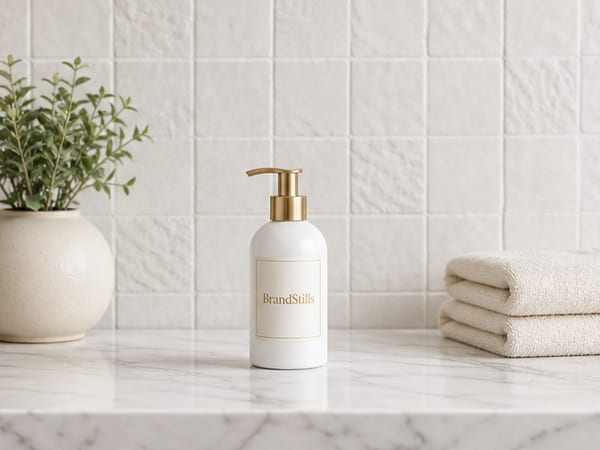 A cosmetics bottle styled on a bathroom counter