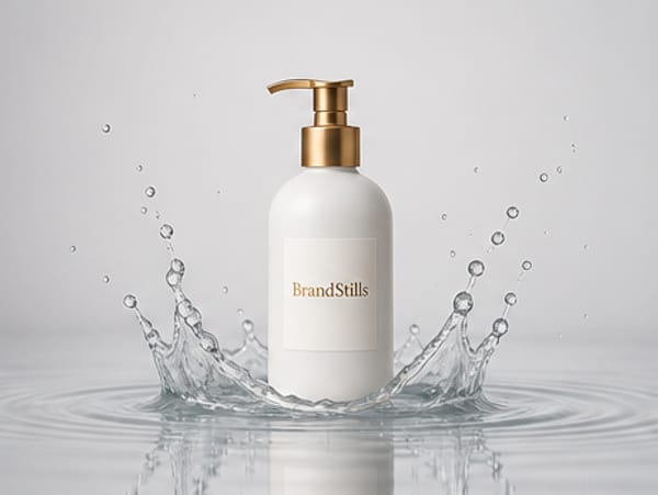 A skincare bottle photographed on wet stone in a studio scene